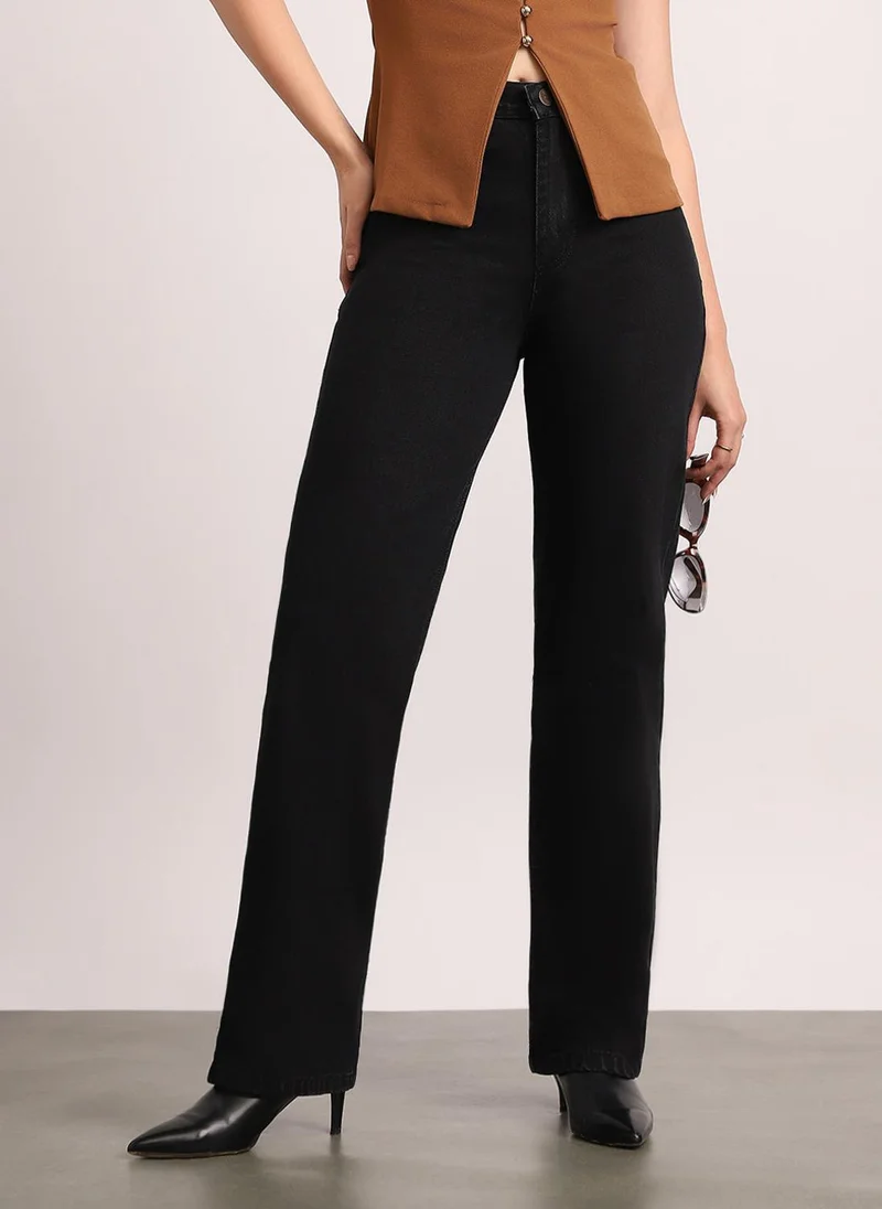 Urbano Fashion Urbano Fashion Women's Black High Rise Straight Fit Washed Jeans Non-Stretchable